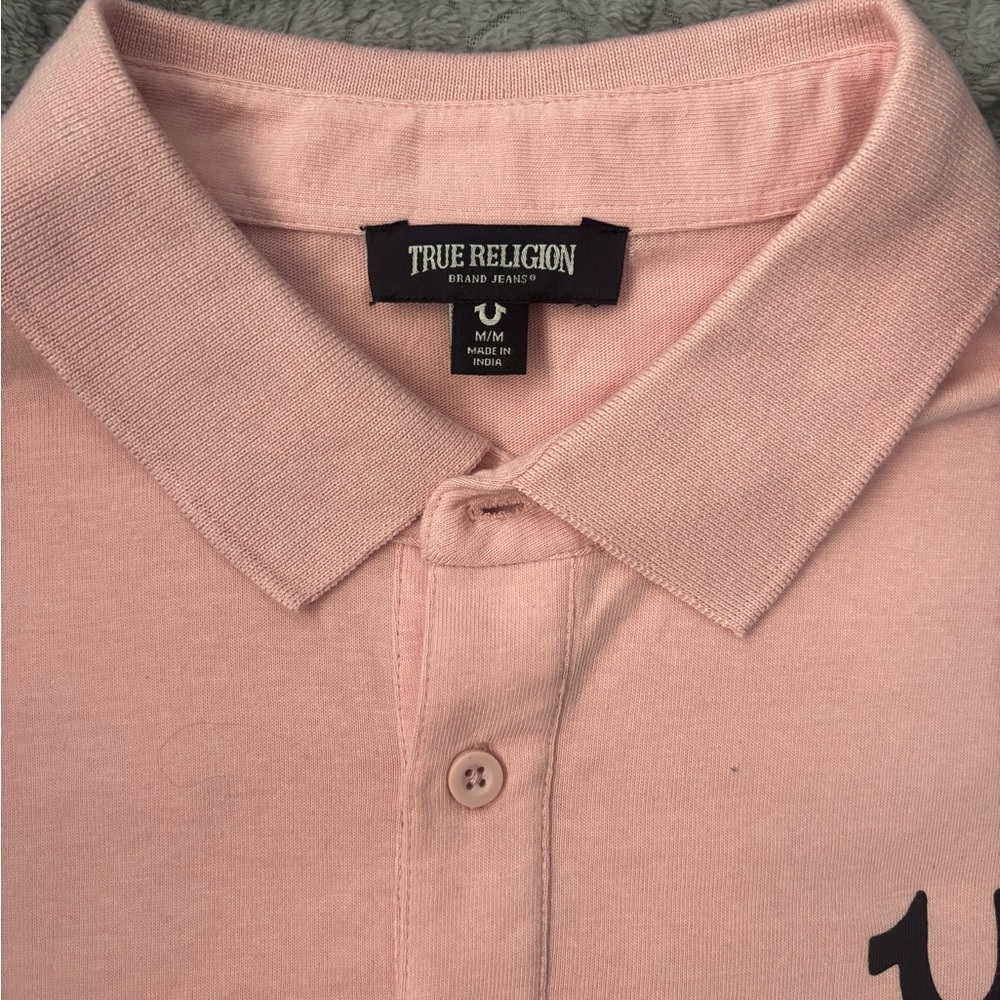 Men’s True Religion Pink Polo Shirt with Black Accents - Picture 2 of 2